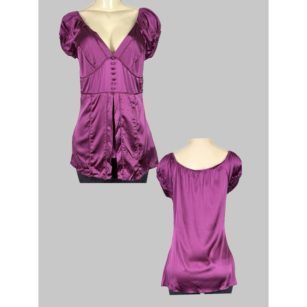 Shine New York L Magenta Purple Silk Stretch Puff Sleeve Blouse V-Neckline